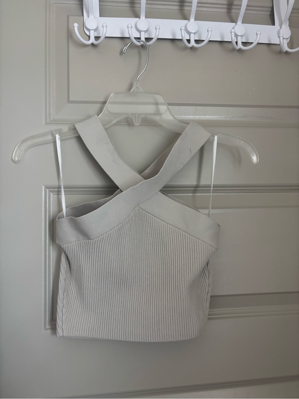 Babaton Crisscross Ribbed Crop Top in Light Beige